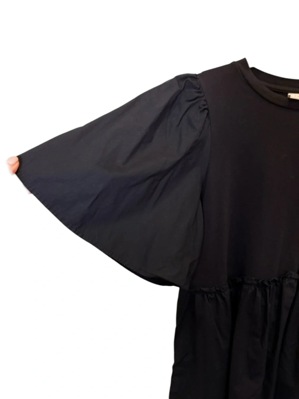 a new day Black Flutter-Sleeve Gathered-Waist Mini Dress sz S